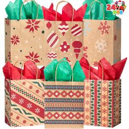 24 Christmas Kraft Gift Bags with Assorted Christmas Prints for Kraft Holiday Paper Gift Bags Christmas Goody Bags Xmas Gift Bags Classrooms and Party Favors by Joiedomi