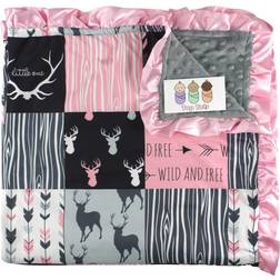 Baby Blanket Minky, Deer, Arrows and Antlers, Pink with Gray and Black, with Pink Ruffles