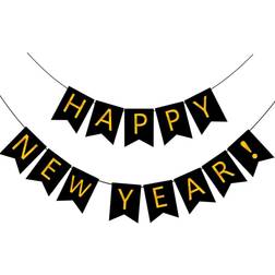 FECEDY Happy New Year Banner Black Bunting with Gold Alphabet for New Year Party Supplier Eve Party Decorations