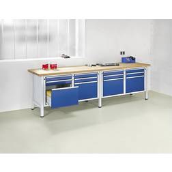 ANKE Workbench width 2800 mm, frame construction, 12 drawers, 180 mm with partial extension, solid beech worktop