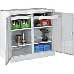 EUROKRAFTbasic Tool cupboard, with centre partition, 2 drawers, 4 shelves, light grey RAL 7035