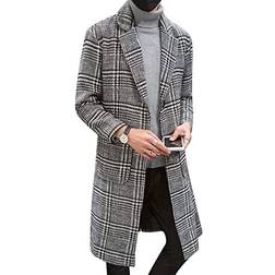 Uaneo Men's Single Breasted Plaid Mid Long Trench Pea Coat