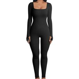 OQQ Ribbed Long Sleeve Sport Jumpsuits - Black