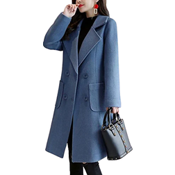 Bankeng Women Winter Wool Blend Camel Mid-Long Coat - Blue