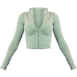 PrettyLittleThing Acid Wash Khaki Seamless Ribbed Zip Up Cropped Sports Jacket