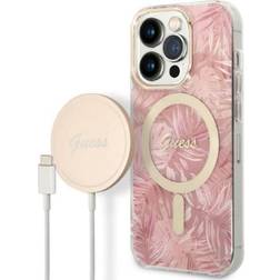 Guess Zestaw GUBPP14LHJEACSP Case Charger iPhone 14 Pro 6,1 różowy/pink hard case Jungle MagSafe