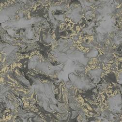 Muriva Metallic Ripple Liquid Marble Charcoal Grey Gold Shimmer Wallpaper