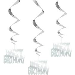 Unique Party 62940 Hanging Swirl Silver Happy Birthday Decorations, Pack of 3