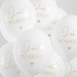 PartyDeco Hvide balloner tekst"Just Married" i guld 30 cm 50 stk