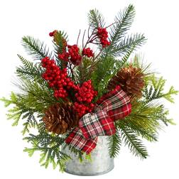 Holiday Winter Pinecones, Berries, Greenery & Plaid Bow