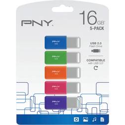 PNY USB 2.0 flashenheter, 16 GB, blandade färger, paket med 5