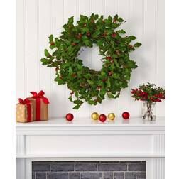 Nearly Natural Wreaths Green Green & Red Holly Wreath Decoration