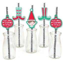 Elf Squad Paper Straw Decor Kids Elf Christmas and Birthday Party Striped Decorative Straws Set of 24