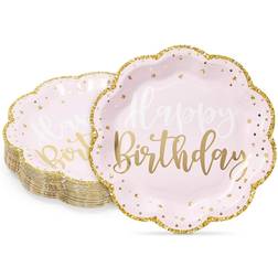 Pink Happy Birthday Party Plates with Gold Glitter Edges (9 In, 48 Pack)