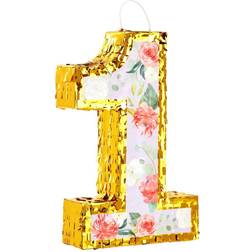 Blue Panda Small Floral and Gold #1 Pinata Birthday Pinata 16.5 x 10.6 x 3 In