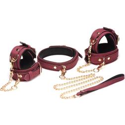 Master Series 6-delige fluwelen bondageset bordeaux manchetten, halsband & riem