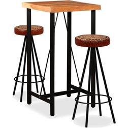 vidaXL Jeu 3 pcs Bois d'Acacia et Toile Cuir Véritable Tabourets Table Ensemble de Bar d'Extérieur