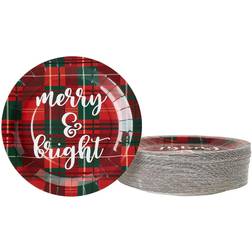 Juvale 80 Pack Red Plaid Christmas Paper Plates for Holiday Party, Gold Merry and Bright Design (9 In)