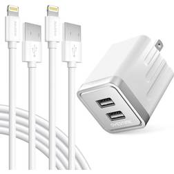 Overtime Dual Phone Charger Dual USB Wall Charger Adapter with MFi Certified Lightning Cables Silver