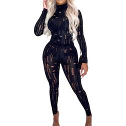 Hibshaby Hollow Out Long Sleeve Crop Top Bodycon Pants Set