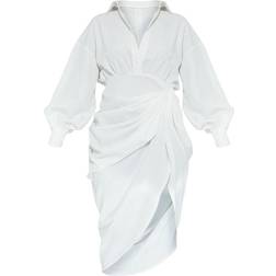 PrettyLittleThing Balloon Sleeve Gathered Skirt Midi Shirt Dress - White