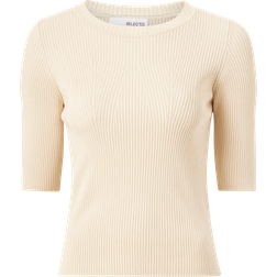 Selected Kortærmet Strikket Top Beige