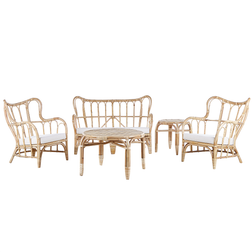 Beliani Jardín Ratán Natural Beige 2 Mesas 2 Sillones Sofá Con Cojines Interior Boho Conjunto de Sala de Exterior