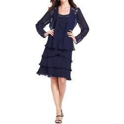 SL Fashions Womens Tiered Sequined Dress With Cardigan blue