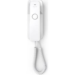 Gigaset DESK 200 sladdad platsbesparande telefon med elastisk kabel 10 snabbval återuppringning kompatibel med hörapparat DTMF- eller pulssignalering justerbar, vit
