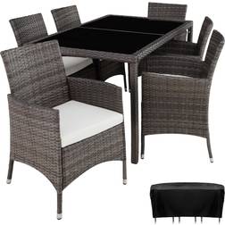 tectake Rattan Sitzgruppe 6+1 mit Schutzhülle - Grau/Weiß Juego de comedor de patio