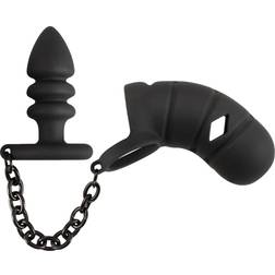Black Velvets Cock Cage With Butt Plug Black