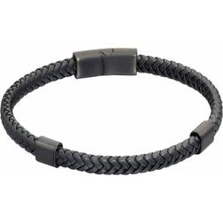 Fred Bennett Plaited Black Leather Black IP Bracelet B5415