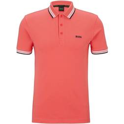 HUGO BOSS Mens Logo Embroidered Striped Collar Organic Cotton Polo Shirt - Bright Red