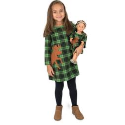 Leveret Girl and Doll Cotton Dress Reindeer Plaid Year