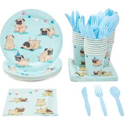 Juvale Pug Party Supplies, Dog Birthday Decorations, Paper Plates, Napkins, Cups, Cutlery (24 Guests, 144 Pieces)