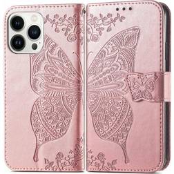 ExpressVaruhuset iPhone 14 Pro Lompakkokotelo 4-TASKUN Motif Butterfly Pink