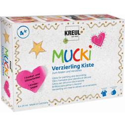 Kreul 24341 – Mucki dekorativ låda 7 plus1, glittrande barneffektfärg på vattenbas, parabenfri, glutenfri, laktosfri, vegan, tvättbar, 7 x 29 ml utsmyckning och 29 ml barndekal