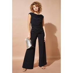 Roman Black Cowl Neck Ruched Stretch Jumpsuit
