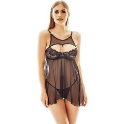 Anais schwarzes Babydoll aus feinem Netzmaterial mit Spitze und Metallkette am Deko