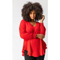 Roman Curve Frill Hem Shirred Long Sleeve Chiffon Top
