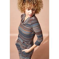 Roman Stripe Cowl Neck Button Detail Dress - Brown
