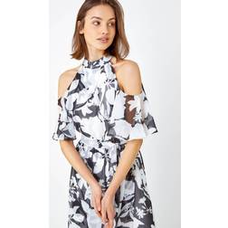 Roman Floral Cold Shoulder Chiffon Maxi Dress