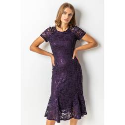 Roman Metallic Lace Sequin Midi Dress - Purple