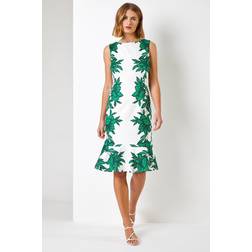 Roman Floral Border Print Frill Stretch Dress - Green