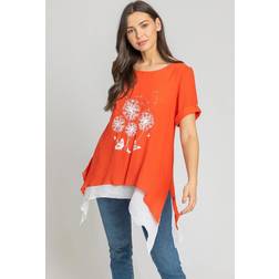 Roman Dandelion Floral Hanky Hem Tunic Top - Dark Orange