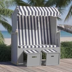 vidaXL Strandkorb Auvent Chaise Longue de Plage Bain de Soleil de Jardin Transat d'Extérieur Résine Tressée et Bois Solide Bleu Blanc - Gris