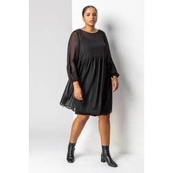 Roman Curve Chiffon Shimmer Stripe Smock Dress - Black