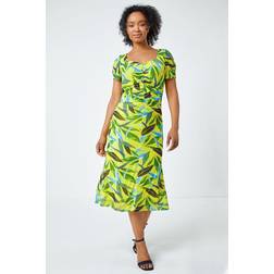 Roman Petite Ruched Tropical Print Midi Dress