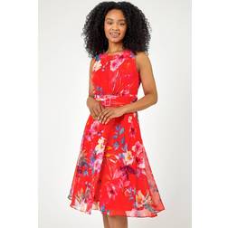 Roman Petite Floral Print Buckle Detail Dress - Coral
