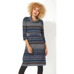 Roman Stripe Cowl Neck Button Detail Dress - Grey